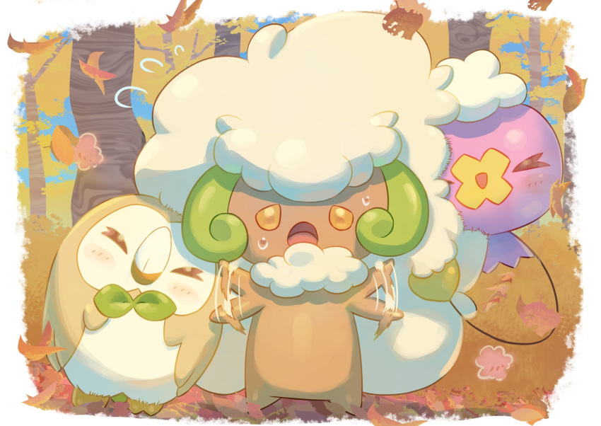 &gt;_&lt; afterimage border closed_eyes commentary_request day drifloon falling_leaves flying_sweatdrops highres leaf looking_at_viewer mokukitusui motion_lines no_humans outdoors pokemon pokemon_(creature) rowlet sweat tree whimsicott white_border