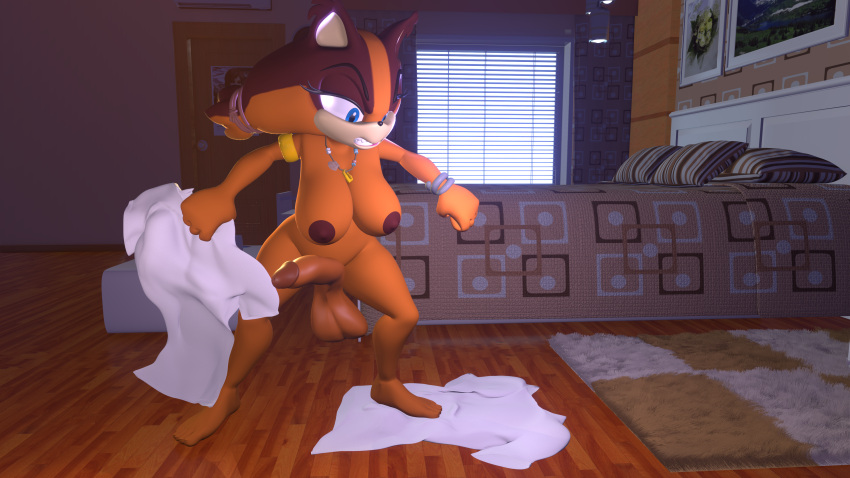 3d_(artwork) absurd_res angry balls bed bedroom blue_eyes breasts clenched_teeth clothing digital_media_(artwork) feet female furniture genitals hi_res humanoid intersex nipples nude penis sega solo sonic_boom sonic_the_hedgehog_(series) stepping_on_clothes sticks_the_jungle_badger stomping stomping_on_clothes teeth thenaysayer34