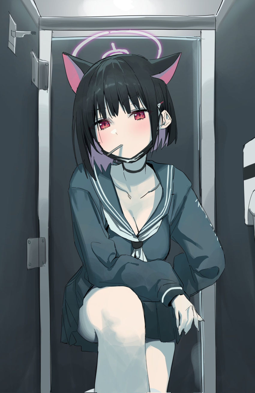 1girl animal_ears black_choker black_hair black_sailor_collar black_skirt blue_archive breasts candy cat_ears cat_girl choker cleavage food food_in_mouth hair_ornament hairpin halo highres indoors kazusa_(blue_archive) large_breasts light_blush lollipop long_sleeves looking_at_viewer mask medium_hair mouth_mask pleated_skirt red_eyes sailor_collar shirt skirt solo syhan toilet_paper toilet_stall