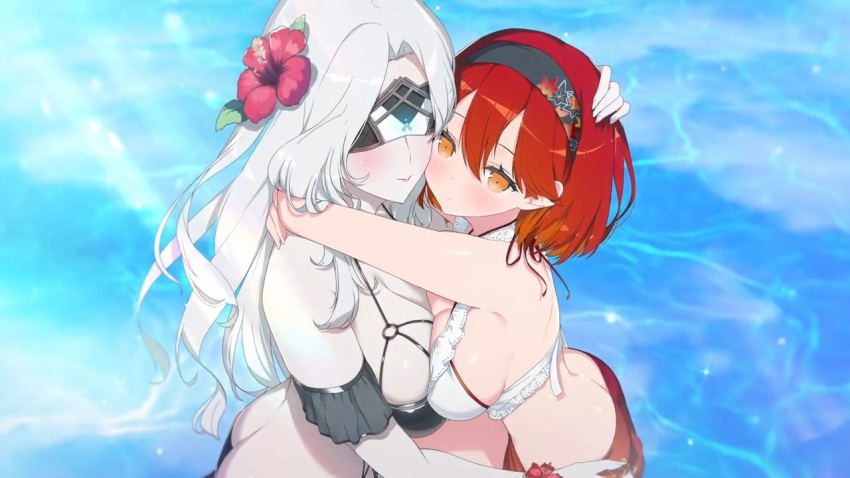 2girls arm_garter armpits ass ass_grab asymmetrical_docking bikini black_bikini blindfold blush breast_press breasts butt_crack closed_mouth flower frilled_bikini frilled_bikini_top frills gradient_hair grey_hair hair_between_eyes hair_flower hair_ornament hand_on_another's_head hibiscus hug kuraha_(senran_kagura) large_breasts leaf light_particles long_hair looking_at_viewer median_furrow multicolored_hair multiple_girls o-ring o-ring_bikini official_art orange_eyes orange_hair parted_bangs red_bikini red_flower red_hair senran_kagura senran_kagura_new_link shiny_skin short_hair shoulder_blades sideboob sparkle sunlight swimsuit tamayura_(senran_kagura) water white_bikini yaegashi_nan yuri