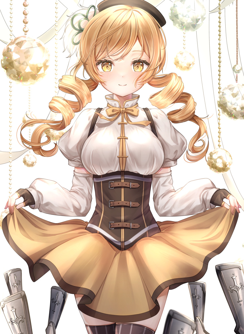 1girl absurdres belt beret blonde_hair breasts brown_corset brown_gloves brown_headwear brown_thighhighs closed_mouth corset cowboy_shot detached_sleeves drill_hair facing_viewer fingerless_gloves gloves gun hair_ornament hat high_collar highres light_blush long_sleeves magical_girl magical_musket mahou_shoujo_madoka_magica medium_breasts multiple_tails neck_ribbon puffy_short_sleeves puffy_sleeves ribbon shirt short_sleeves skirt_hold smile solo striped striped_thighhighs tail thighhighs tomoe_mami twin_drills two_tails ukiukikiwi2525 weapon white_shirt yellow_eyes yellow_ribbon zettai_ryouiki