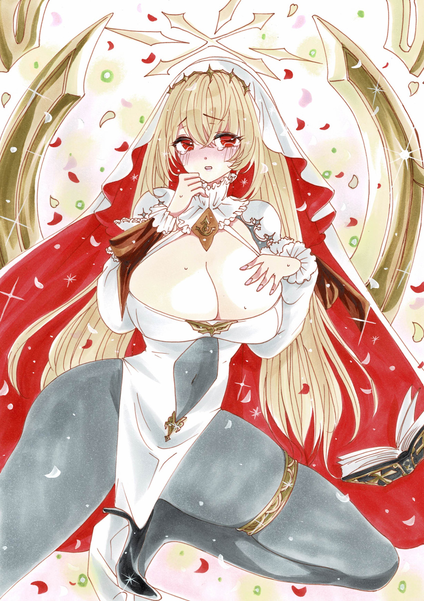 1girl absurdres azur_lane black_footwear blonde_hair blush bodystocking book breasts cleavage_cutout clothing_cutout dress floating floating_book floating_object foot_out_of_frame high_heels highres huge_breasts kersaint_(azur_lane) long_hair long_sleeves navel_cutout open_book pelvic_curtain red_eyes shoes skindentation solo traditional_media uzuharu_(uduharu) very_long_hair white_dress white_veil