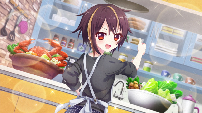 1girl apron bandou_mikuru blonde_hair bowl brick_wall brown_hair cabinet counter crab cup dot_nose dutch_angle faucet film_grain food from_behind game_cg grey_shirt hand_on_own_hip izumi_tsubasu jar kitchen ladle lens_flare lettuce long_sleeves looking_at_viewer looking_back multicolored_hair mushroom non-web_source official_art open_mouth oven_mitts re:stage! red_eyes shelf shirt short_hair sleeve_rolled_up smile solo sparkle spatula spice streaked_hair thumbs_up two-tone_hair