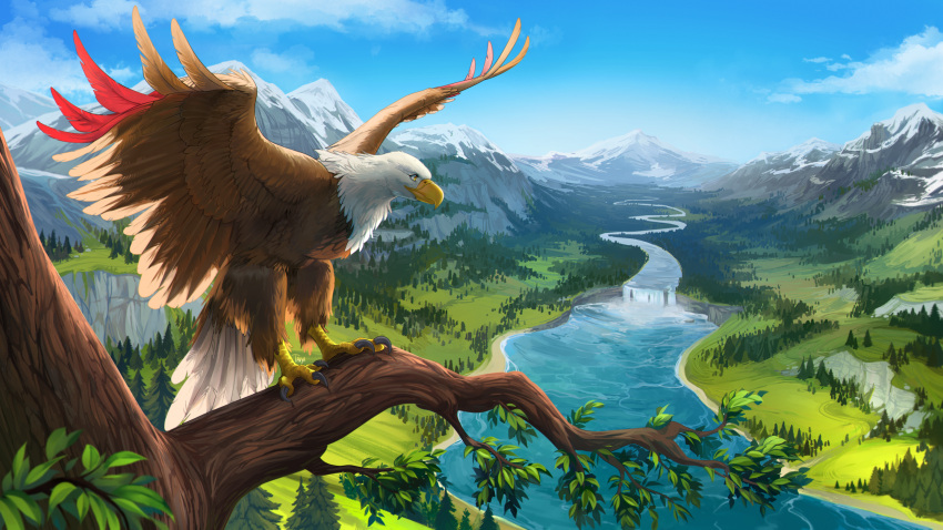 16:9 accipitrid accipitriform ambiguous_gender avian beak bird brown_body brown_feathers cloud eagle feathered_wings feathers feral hi_res mountain plant river solo spread_wings talons tavyapl tree water waterfall widescreen wings