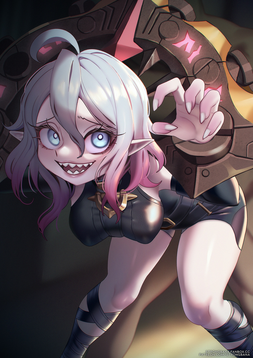 1girl :d ahoge bent_over black_leotard blurry blurry_background briar_(league_of_legends) chained_wrists grey_hair grey_nails highres kneehighs league_of_legends leotard looking_at_viewer multicolored_hair nail_polish pink_hair pointy_ears sharp_teeth shiny_skin smile socks solo strongbana teeth two-tone_hair