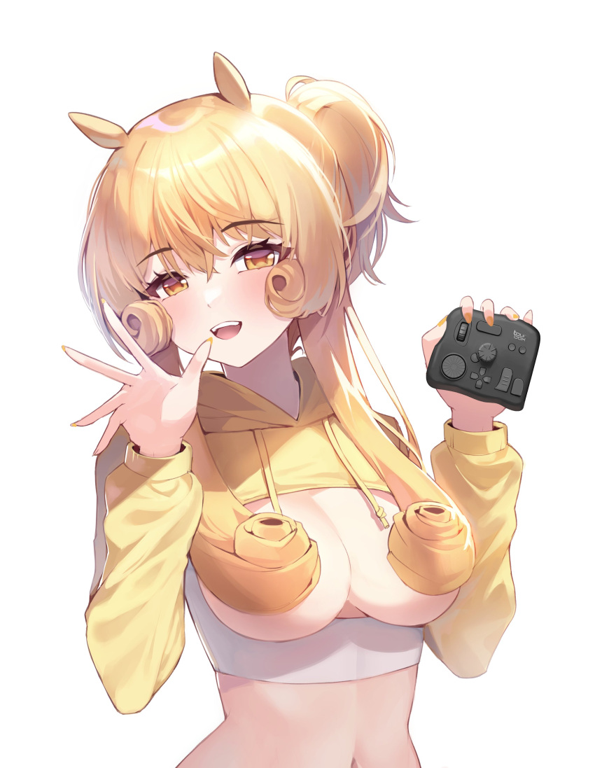 1girl :d absurdres animal_ears blonde_hair blush breasts breasts_out chung_(ugwa) cleavage commentary_request controller convenient_censoring crop_top curly_hair drawstring framed_breasts game_controller hair_censor hair_over_breasts hand_up highres holding holding_controller holding_game_controller korean_commentary large_breasts long_hair long_sleeves looking_at_viewer nail_polish navel one_side_up open_mouth orange_eyes orange_nails original smile solo teeth tourbox ugwa upper_body upper_teeth_only white_background