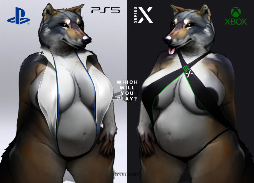 anthro band1tnsfw belly belly_overhang bikini brown_body brown_fur canid canine canis clothing console digital_drawing_(artwork) digital_media_(artwork) duo duo_focus ear_piercing english_text facial_piercing female female_focus fur group hi_res light_chest mammal mature_female meme microsoft nose_piercing nose_ring one_eye_closed orange_eyes overweight overweight_female piercing playstation portrait realistic_lighting ring_piercing simple_background sony_corporation sony_interactive_entertainment swimwear text thick_thighs tight_clothing tight_fit tongue tongue_out tongue_piercing versus wink wolf xbox xbox_game_studios