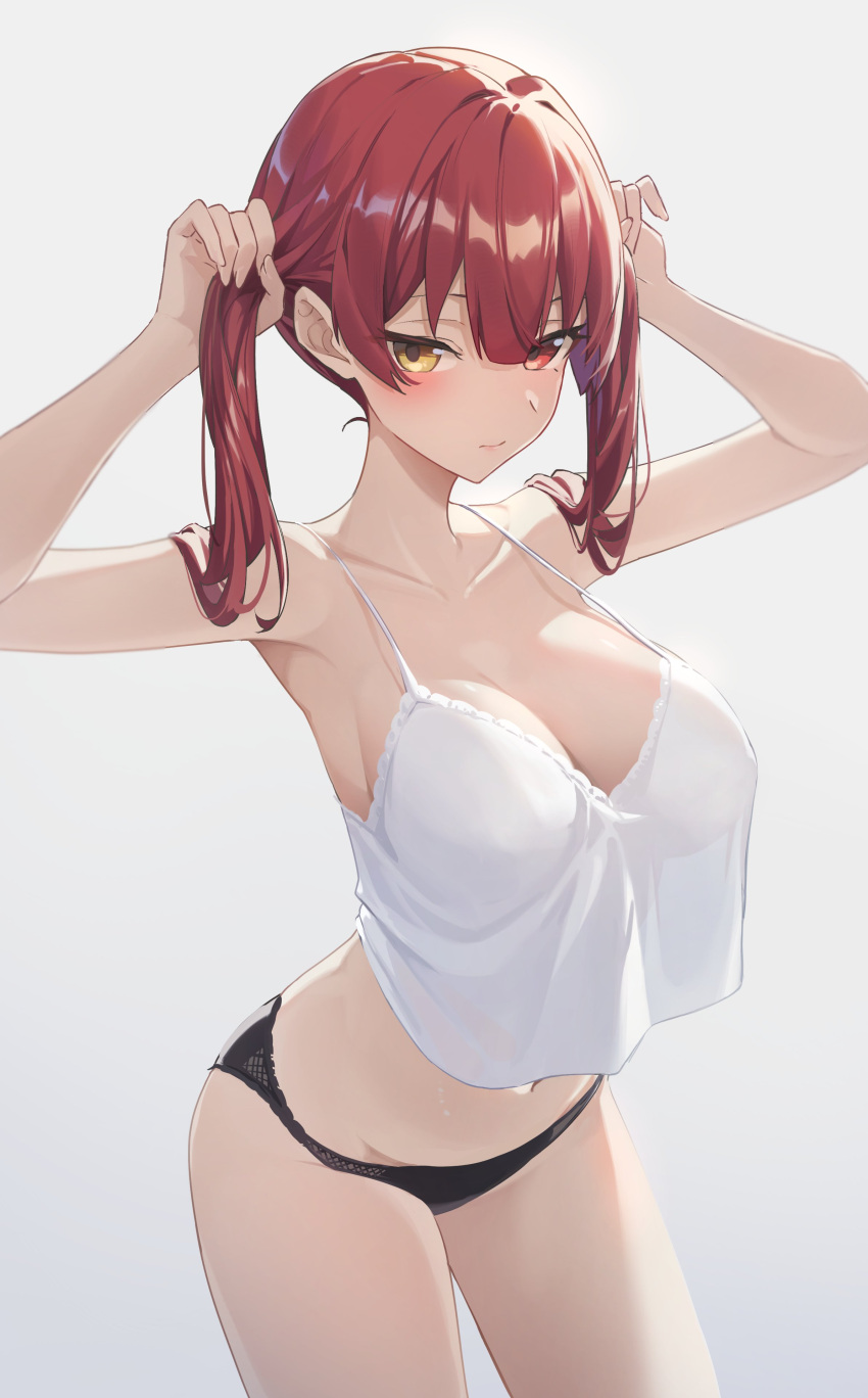 1girl absurdres arms_up black_panties breasts camisole closed_mouth collarbone commentary_request cowboy_shot crop_top crop_top_overhang heterochromia highres hololive houshou_marine large_breasts long_hair navel panties red_eyes red_hair reulem solo stomach strap_gap thighs twintails underwear underwear_only virtual_youtuber white_camisole yellow_eyes