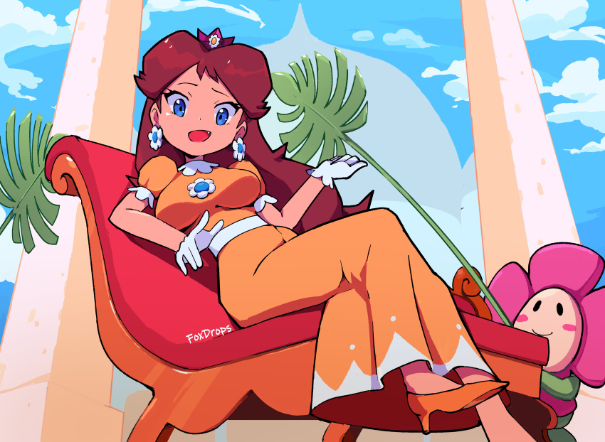 1girl absurdres blue_eyes blue_sky blush breasts brown_hair chaise_longue cloud couch crazee_dayzee crossed_legs crown day dress earrings fang fanning flipped_hair flower flower_earrings foxdropsdraws gloves high_heels highres jewelry leaf leaning_back long_hair looking_at_viewer mario_(series) medium_breasts mini_crown on_couch open_mouth orange_dress outdoors princess princess_daisy reclining short_sleeves sitting sky smile solo_focus white_gloves