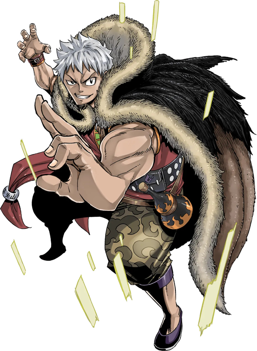 1boy belt black_belt bracelet brown_pants cloak dark-skinned_male dark_skin full_body fur-trimmed_cloak fur_trim gate_of_nightmares highres jewelry looking_at_viewer mashima_hiro muscular muscular_male pants red_shirt shirt short_hair simple_background sleeveless sleeveless_shirt solo transparent_background vyce_(gate_of_nightmares) white_hair