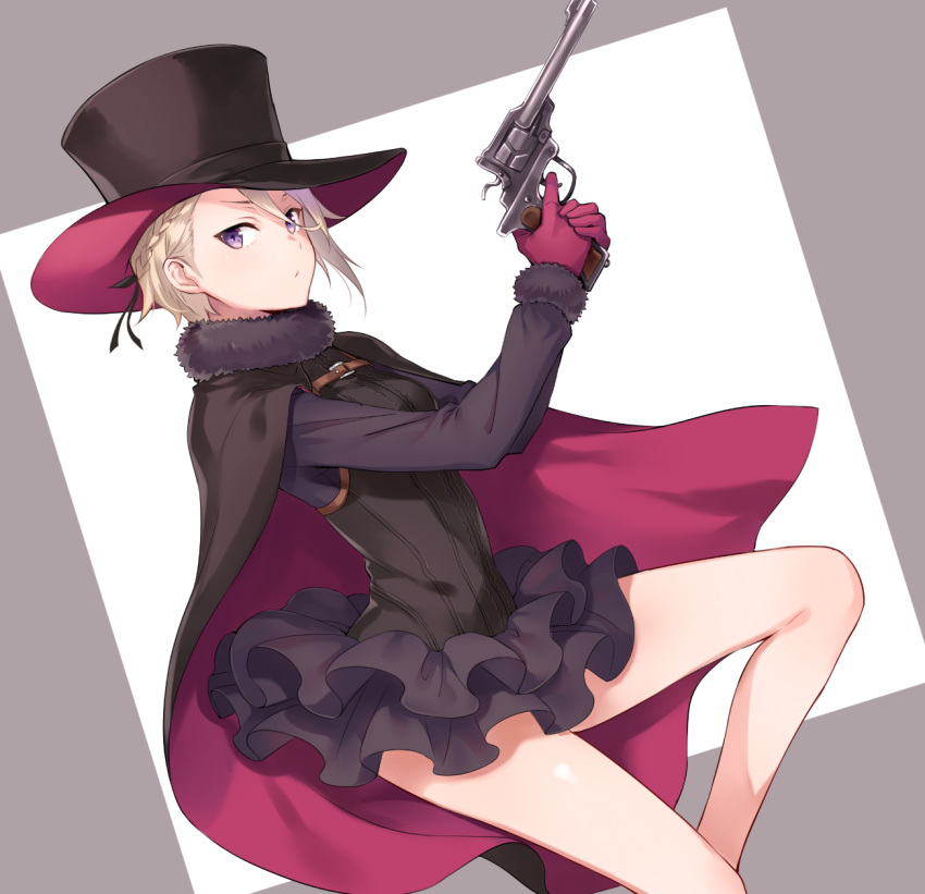 1girl ange_(princess_principal) bare_legs black_cape braid cape e_(eokiba) feet_out_of_frame frills from_side gloves gun hat highres holding holding_gun holding_weapon looking_at_viewer looking_to_the_side own_hands_together princess_principal red_cape red_gloves revolver solo top_hat weapon