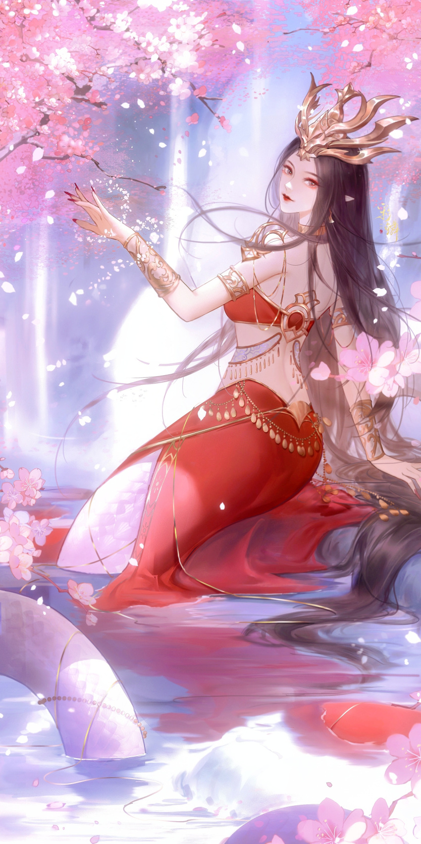 1girl absurdres brown_hair cai_lin_(doupo_cangqiong) cherry_blossoms closed_mouth collar doupo_cangqiong earrings gugu_zhen_de_cai hair_ornament highres jewelry lamia long_hair looking_back metal_collar monster_girl pointy_ears queen red_nails red_skirt red_tank_top second-party_source skirt smile solo tank_top upper_body water waterfall