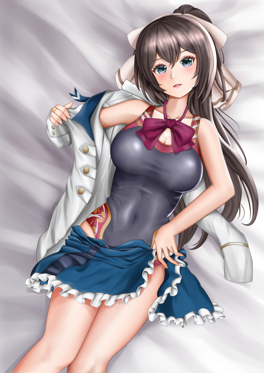 1girl arm_out_of_sleeve assault_lily bangs bare_shoulders bed_sheet blue_eyes blue_skirt blush bow bowtie breasts brown_bow brown_hair buttons cleavage clothes_pull collarbone commentary competition_swimsuit covered_navel feet_out_of_frame fingernails floral_print frilled_skirt frills grey_one-piece_swimsuit hair_between_eyes hair_bow hand_up head_tilt herensuge_girls_academy_school_uniform high_ponytail highres imai_tomohiro jacket jewelry large_breasts light_smile long_hair long_sleeves looking_at_viewer lying miniskirt off_shoulder on_back one-piece_swimsuit open_clothes open_jacket parted_lips ponytail print_swimsuit pulled_by_self red_bow red_bowtie red_one-piece_swimsuit ring school_uniform serizawa_chikaru skirt skirt_pull solo swimsuit swimsuit_under_clothes two-tone_swimsuit undressing very_long_hair white_jacket