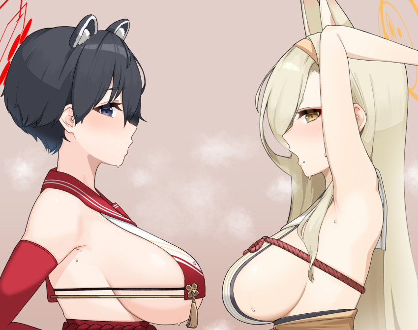 2girls animal_ears armpits arms_up bare_arms blonde_hair blue_archive blush breast_curtain breasts breath crop_top crop_top_overhang detached_sleeves eyeshadow fox_ears gloves hairband halo heavy_breathing highres japanese_clothes kaho_(blue_archive) kimono large_breasts long_hair looking_at_viewer makeup mole mole_under_mouth multiple_girls open_mouth orange_hairband orange_halo p03145 pink_eyeshadow raccoon_ears red_gloves red_sailor_collar revealing_clothes rope rope_belt sailor_collar sideboob sideless_outfit sleeveless sleeveless_kimono thick_eyebrows tsubaki_(blue_archive) upper_body white_kimono yellow_eyes