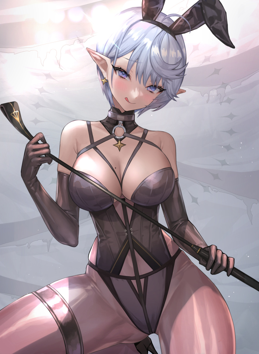 1girl ahoge animal_ears black_bustier black_footwear black_gloves black_hairband black_panties breasts chest_harness cleavage closed_mouth commentary earrings elbow_gloves elf fake_animal_ears gloves grey_hair hairband hand_up harness high_heels highres hitowa holding_riding_crop jewelry large_breasts licking_lips looking_at_viewer mole mole_on_breast original panties pantyhose pink_pantyhose pointy_ears purple_eyes rabbit_ears riding_crop short_hair solo star_(symbol) star_earrings thighband_pantyhose tongue tongue_out underwear