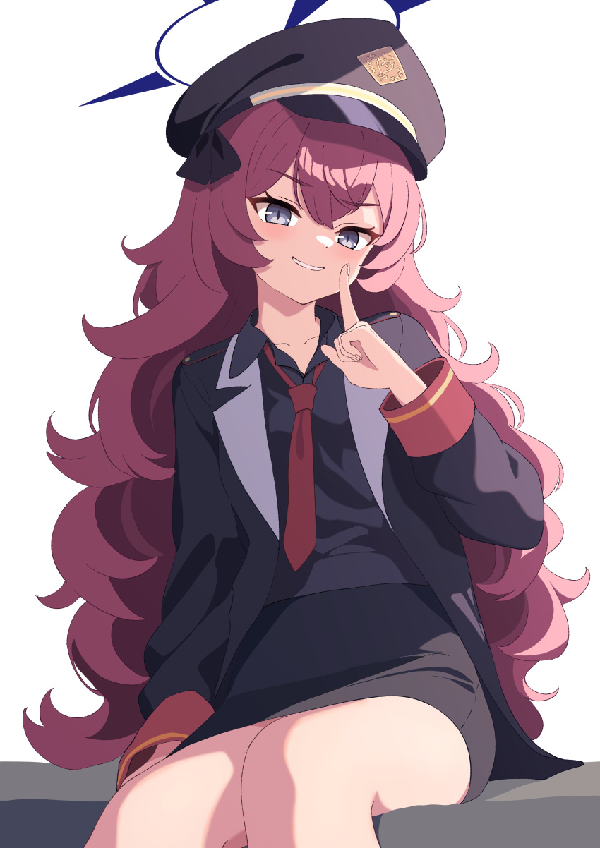1girl absurdres black_coat black_headwear black_shirt black_skirt blue_archive blue_halo coat collarbone collared_shirt grey_eyes halo hat highres index_finger_raised iroha_(blue_archive) long_hair long_sleeves looking_at_viewer necktie open_clothes open_coat peaked_cap pogeepoge red_hair red_necktie shirt simple_background sitting skirt solo white_background