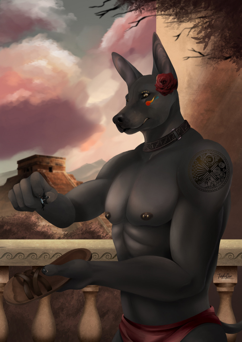 2022 5_fingers anthro artist_name black_body black_claws black_collar black_nipples black_nose bottomwear brown_clothing brown_eyes brown_footwear brown_shoes canid canine canis claws clothing cloud collar colored dangling detailed_background digital_drawing_(artwork) digital_media_(artwork) domestic_dog duo fingerpads fingers flower footwear hairless hairless_dog half-length_portrait hi_res human larger_anthro larger_male light lighting loincloth looking_down macro male mammal micro nervous_expression nipple_piercing nipples pawpads pecs piercing plant portrait prick_ears primitive_dog pyramid sandals shaded shoes signature size_difference smaller_human smaller_male tail tattoo taylor_(taylornoir) taylornoir xoloitzcuintli