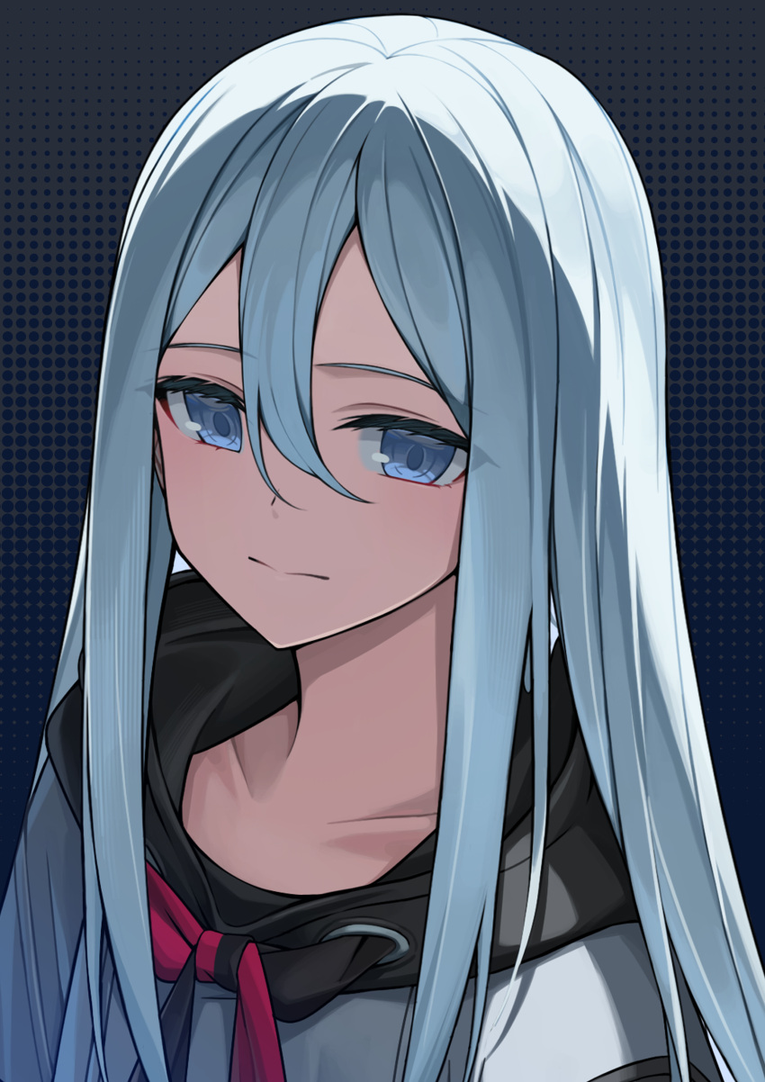 1girl absurdres blue_eyes blue_hair closed_mouth collarbone grey_sweater hair_between_eyes highres hood hood_down hooded_sweater long_hair portrait project_sekai solo sora_(men0105) straight_hair sweater yoisaki_kanade