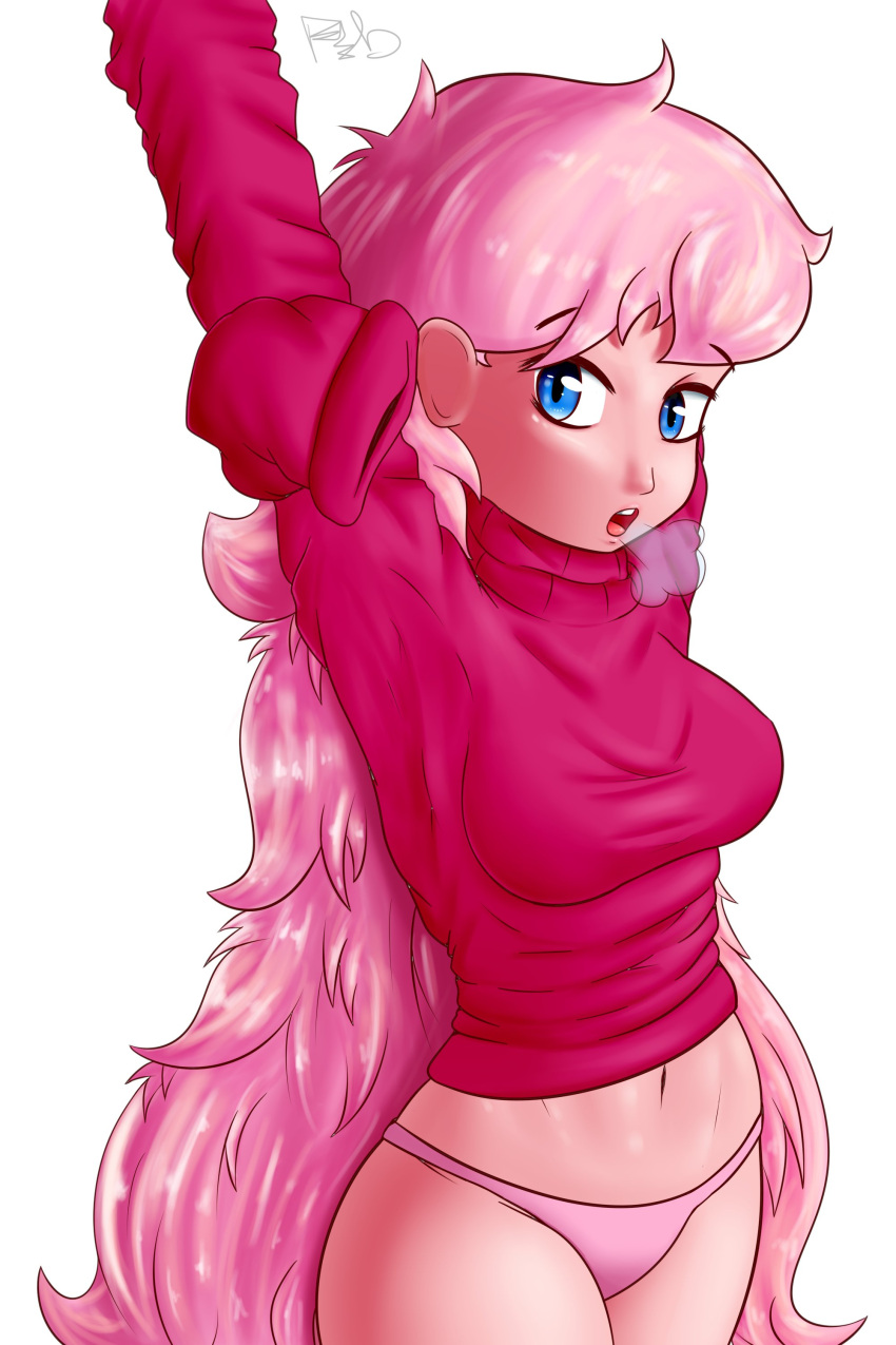 1girl =3 absurdres arm_behind_head arms_up artist_name blue_eyes breasts breath commentary commission cowboy_shot english_commentary fir3born highres holding_own_arm long_hair looking_at_viewer medium_breasts navel no_pants open_mouth original outstretched_arm panties pink_hair pink_panties red_sweater signature simple_background sleeves_past_fingers sleeves_past_wrists solo standing stomach sweater teeth underwear very_long_hair white_background