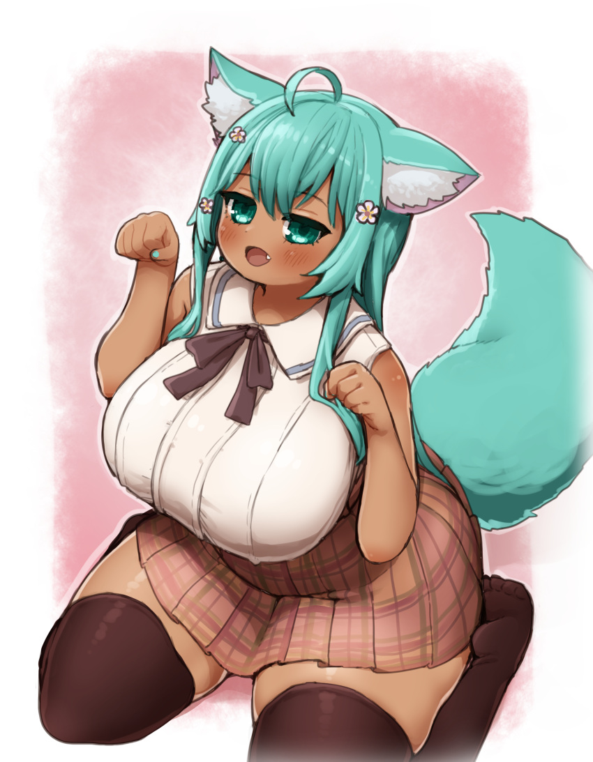 1girl absurdres ahoge animal_ear_fluff animal_ears aqua_eyes aqua_hair aqua_nails black_thighhighs blush breasts commission dark-skinned_female dark_skin dot_nose fang fox_ears fox_girl fox_tail highres ichika_(ichika_manga) large_breasts long_hair miniskirt open_mouth original paw_pose plaid plaid_skirt plump shortstack sitting skeb_commission skirt solo tail thick_thighs thighhighs thighs very_long_hair wariza zettai_ryouiki