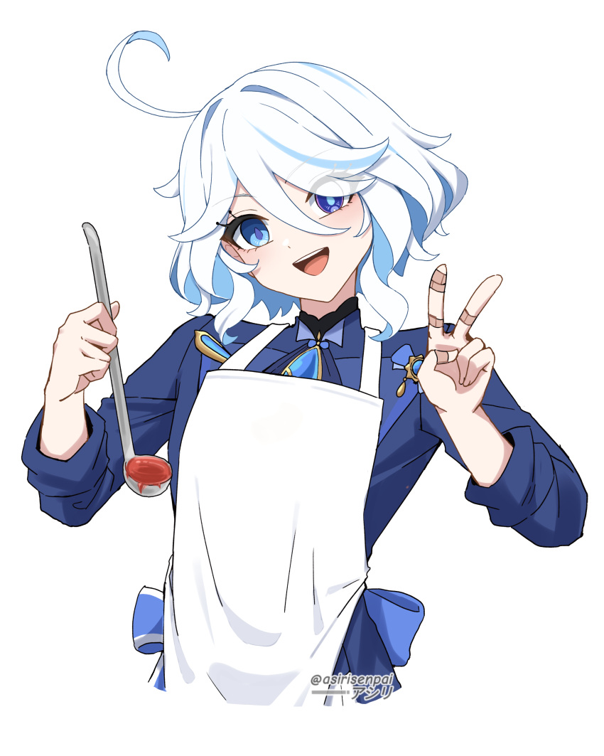 1girl :d absurdres ahoge apron asiri_senpai blue_eyes blue_jacket brooch commentary furina_(genshin_impact) genshin_impact head_tilt highres holding holding_ladle jacket jewelry ladle long_sleeves looking_at_viewer no_headwear open_mouth short_hair smile solo upper_body v white_apron white_hair