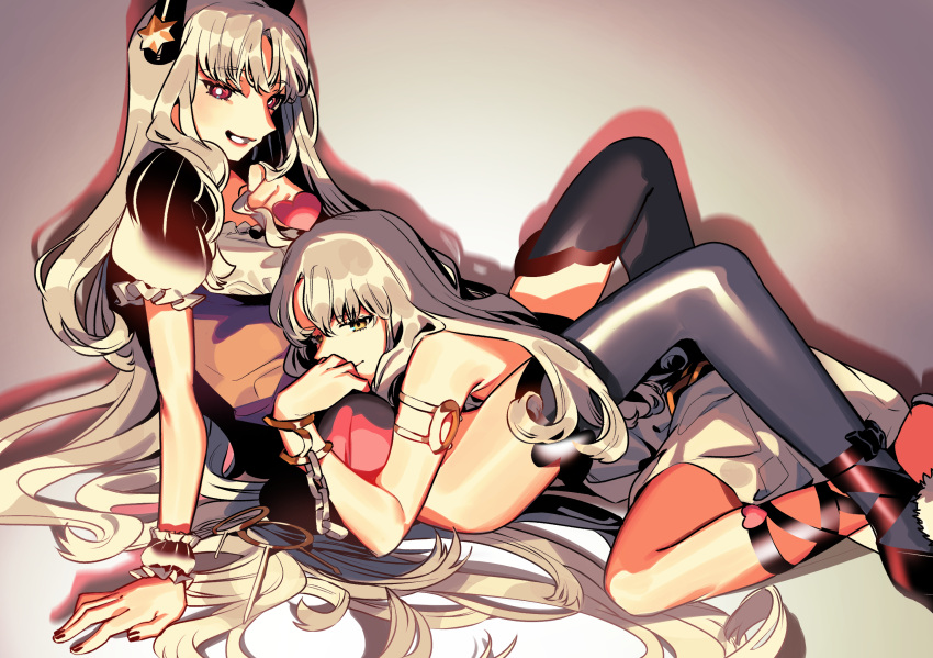 2girls bare_legs caren_hortensia caren_hortensia_(amor_caren)_(first_ascension) dress fate/grand_order fate/hollow_ataraxia fate_(series) highres multiple_girls noko_morokoshi non-web_source red_eyes smirk white_dress white_hair yellow_eyes