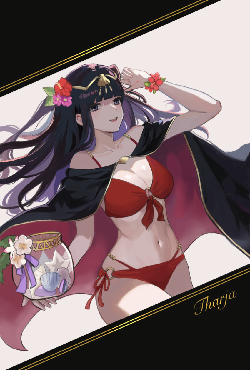 1girl bikini black_cape breasts cape character_name cleavage dutch_angle fire_emblem fire_emblem_awakening fire_emblem_heroes flower flower_bracelet hibiscus highres large_breasts long_hair navel o-ring o-ring_bikini official_alternate_costume purple_eyes red_bikini scallop simple_background solo swimsuit tharja_(fire_emblem) tharja_(summer)_(fire_emblem) tiara two-tone_cape wrist_flower yuurururun