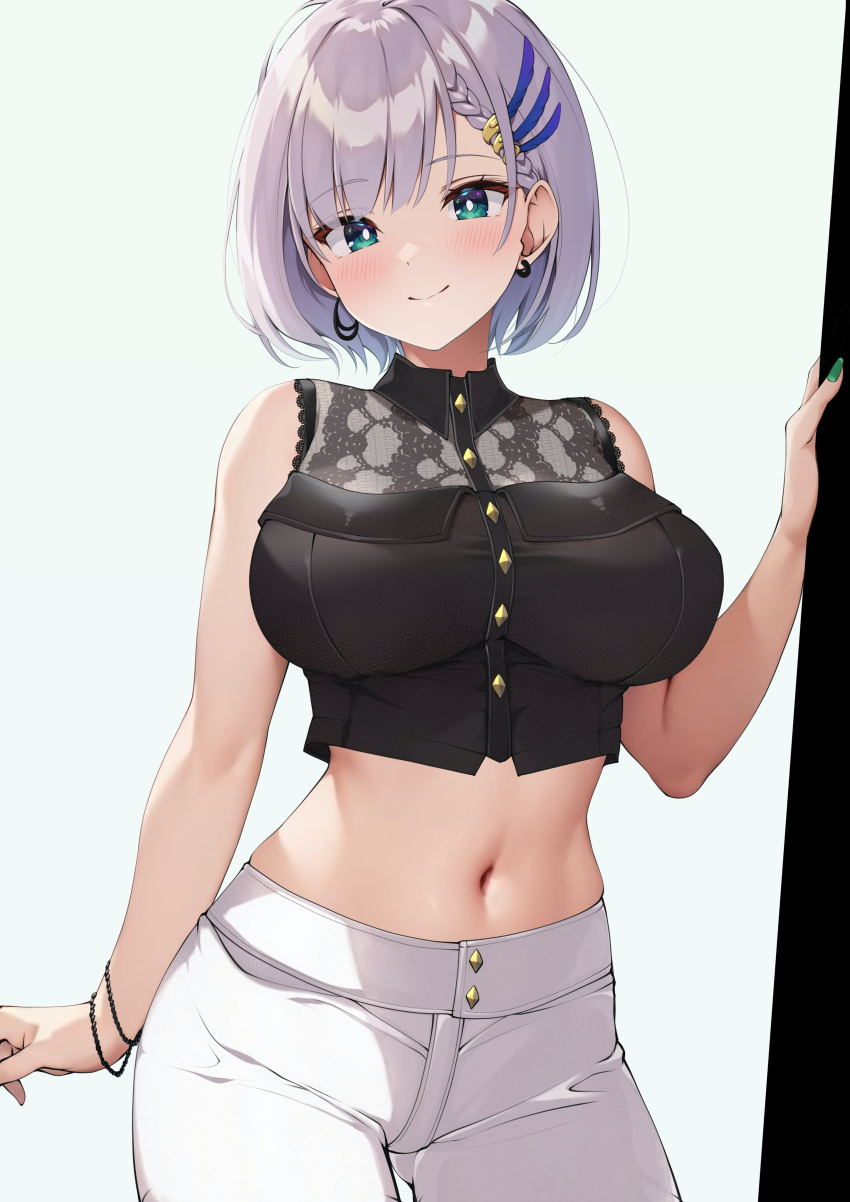 1girl absurdres aqua_eyes blush bracelet breasts closed_mouth cowboy_shot crop_top earrings green_nails hair_ornament hand_up highres hololive hololive_indonesia jewelry large_breasts looking_at_viewer midriff navel official_alternate_costume otk0u6 pants pavolia_reine pavolia_reine_(2nd_costume) purple_hair shirt short_hair sleeveless sleeveless_shirt smile solo stomach virtual_youtuber white_background white_pants