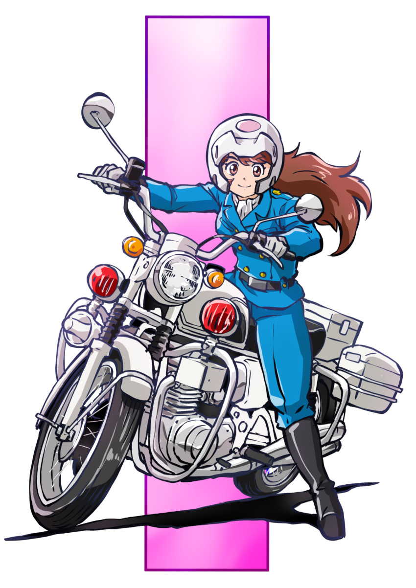 1girl ascot belt black_footwear blue_pants blue_shirt brown_eyes brown_hair gloves grey_gloves helmet highres himeno_azami honda_cb750k long_hair motor_vehicle motorcycle pants rokudou_no_onna-tachi shirt simple_background solo standing taiga_hiroyuki white_ascot white_helmet