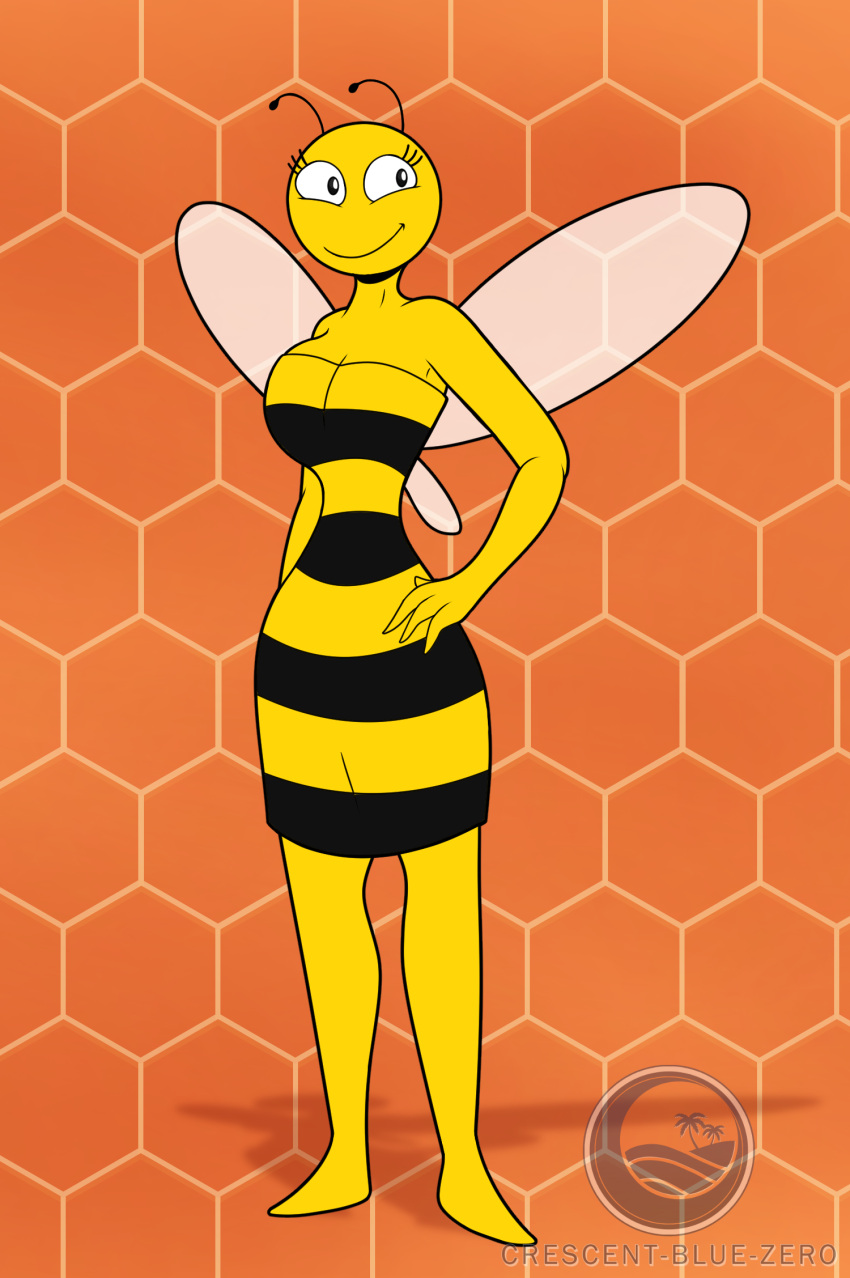 2023 antennae_(anatomy) anthro arthropod bee big_breasts breasts butt clothed clothing crescent-blue-zero dress female hi_res huge_breasts hymenopteran insect lena_the_bee non-mammal_breasts russian_cooking_oil_commercial smile solo tight_clothing wings