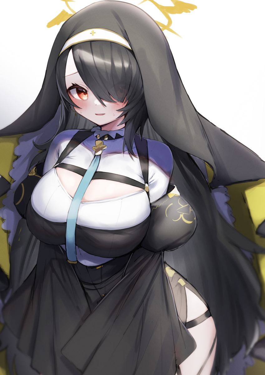 1girl absurdres bangs black_dress black_hair blue_archive blush breasts commentary_request daifukumochi_(akaaokiiwo) dress eyes_visible_through_hair hair_over_one_eye halo highres hinata_(blue_archive) juliet_sleeves large_breasts long_hair long_sleeves looking_at_viewer parted_lips puffy_sleeves red_eyes shirt simple_background smile solo sweat veil very_long_hair white_background white_shirt wide_sleeves