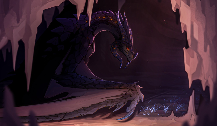 ambiguous_gender cave dragon feral hi_res horn kolaa membrane_(anatomy) membranous_wings mouth_closed orange_eyes purple_body purple_horn purple_scales ridged_horn scales side_view solo wings