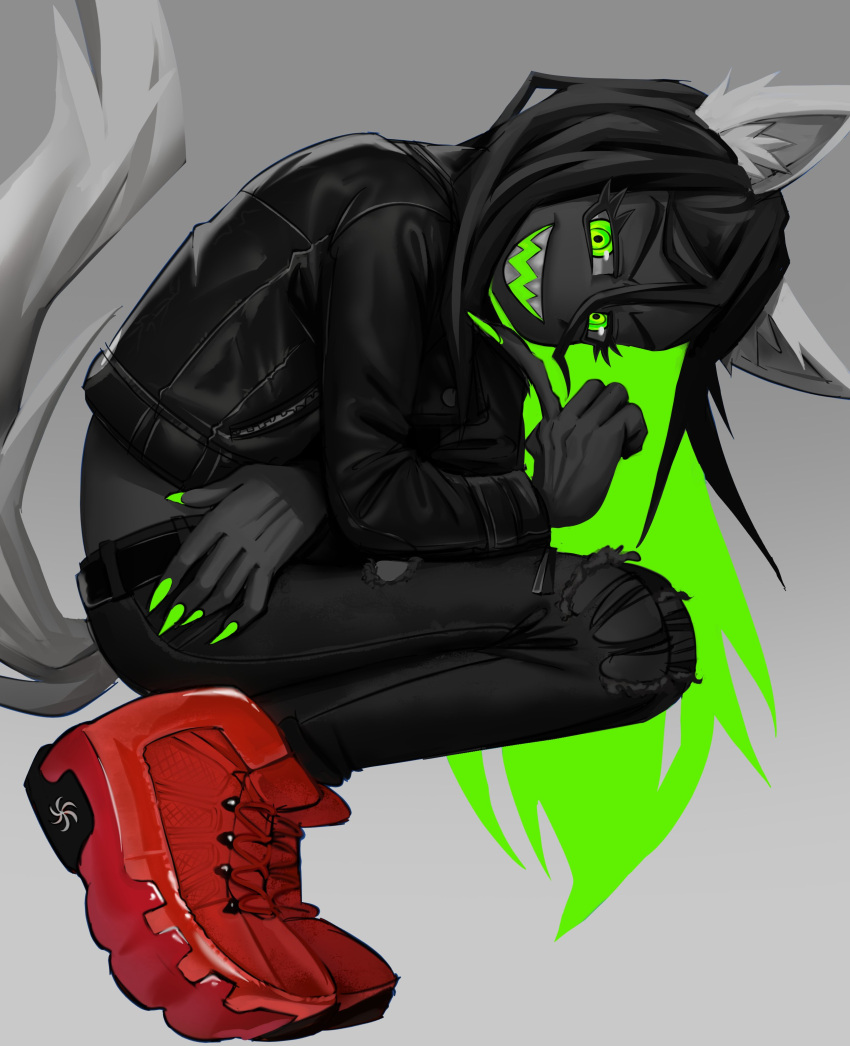 absurdres animal_ear_fluff animal_ears black_hair black_skin colored_skin denim dog_tail eyelashes green_eyes grey_background highres homestuck jacket jade_harley jeans leather leather_jacket long_hair midriff nail_polish pants ringed_eyes sharp_teeth shoes simple_background sneakers tail tealidium teeth torn_clothes