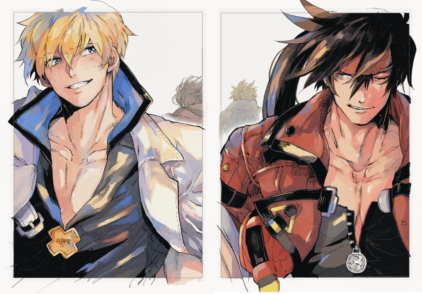 1_ssmk 2boys absurdres belt blonde_hair blue_eyes brown_eyes brown_hair collarbone grin guilty_gear guilty_gear_strive highres jacket ky_kiske large_pectorals male_focus multiple_boys pectorals ponytail red_jacket smile sol_badguy traditional_media white_jacket zipper zipper_pull_tab