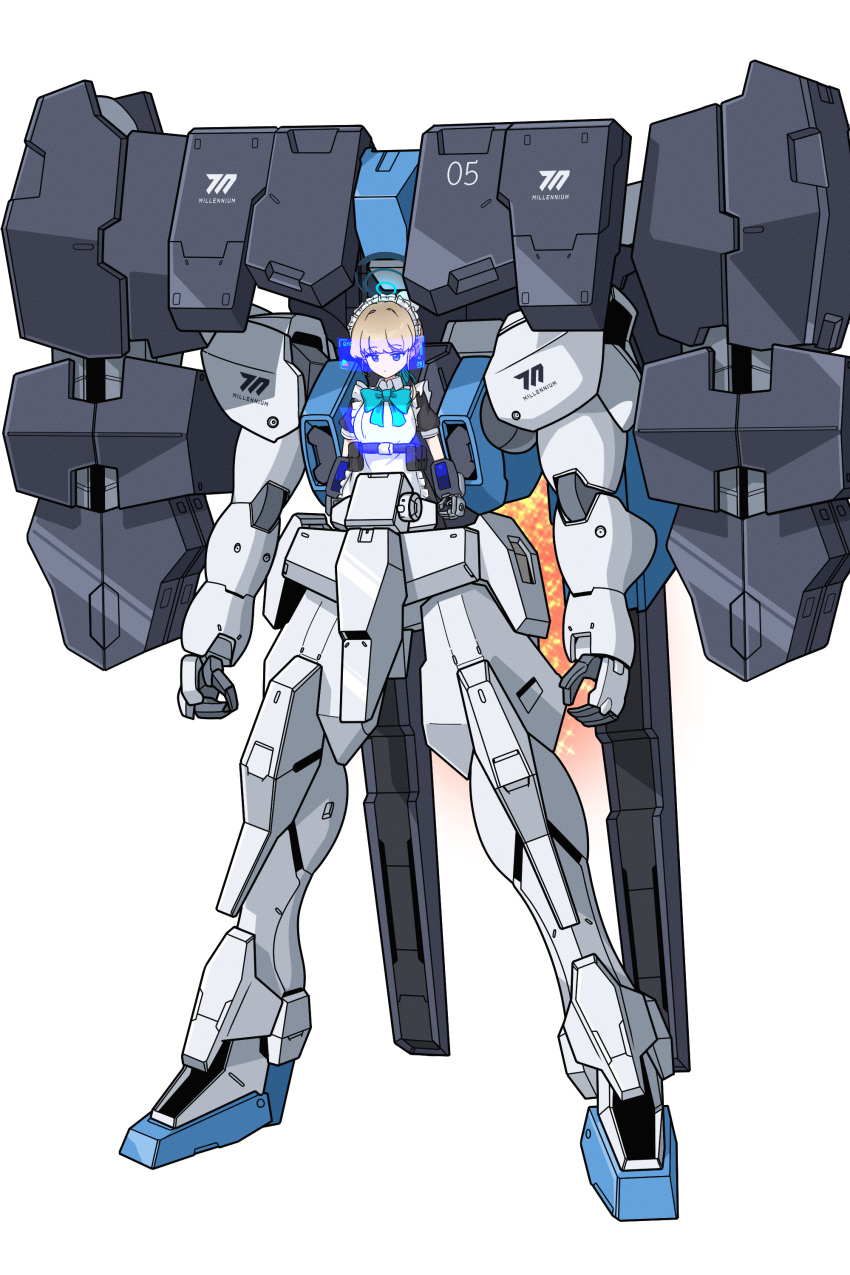 1girl absurdres apron augmented_reality blue_archive blue_bow blue_bowtie blue_eyes bow bowtie bun_cover commentary_request crossover full_body gundam halo highres hrna light_brown_hair long_hair looking_at_viewer maid maid_apron maid_headdress mecha mecha_musume piloting robot rx-78-2 short_sleeves sidelocks simple_background solo standing toki_(blue_archive) white_background