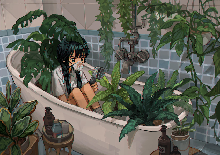 1girl absurdres bathroom bathtub black_hair blue_eyes braid candle collared_shirt commentary_request covered_mouth dripping expressionless faucet fern grey_socks hair_over_shoulder hanging_plant highres holding holding_shower_head hugging_own_legs jitome knees_up long_hair low_twin_braids myango_(applemangocrape) no_sclera original plant plant_request potted_plant respirator shampoo_bottle shirt short_sleeves shower_head sitting socks solo tile_wall tiles twin_braids vines water_drop white_shirt