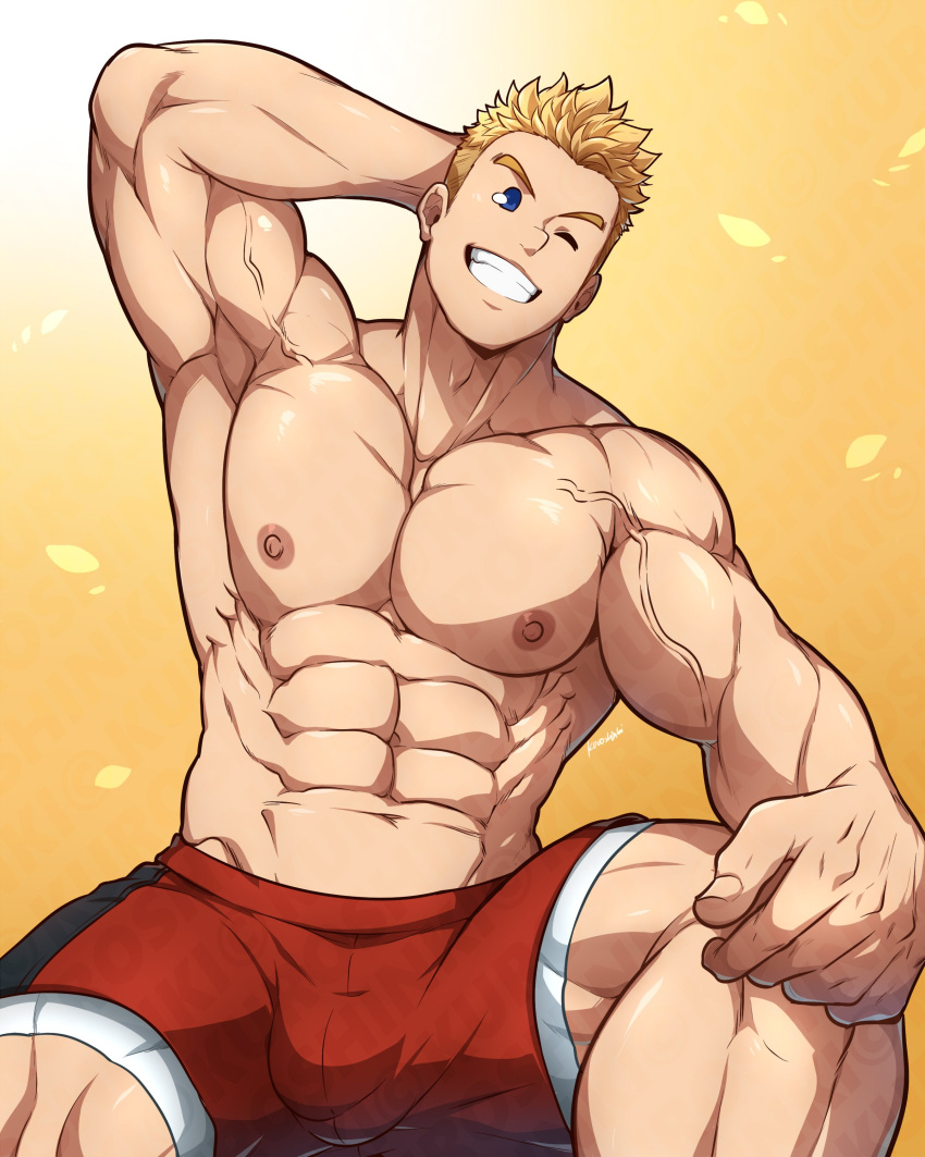 1boy abs absurdres bara blonde_hair boku_no_hero_academia highres kuroshinki large_pectorals male_focus muscular muscular_male navel nipples one_eye_closed pectorals red_shorts short_hair shorts smile solo teeth thick_thighs thighs togata_mirio topless_male