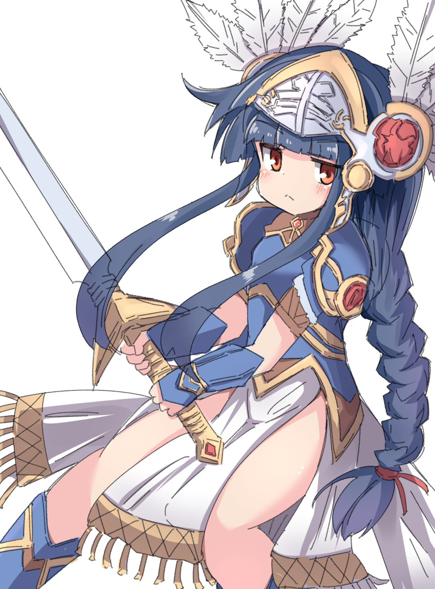 1girl :&lt; armor blue_armor blue_footwear blue_hair blush boots braid commentary_request dot_nose flat_chest helmet highres holding holding_weapon idolmaster idolmaster_cinderella_girls jitome legs long_hair looking_at_viewer pelvic_curtain red_eyes sajo_yukimi shoulder_armor sidelocks solo sword thighs umberblack v-shaped_eyebrows warrior weapon white_background winged_helmet