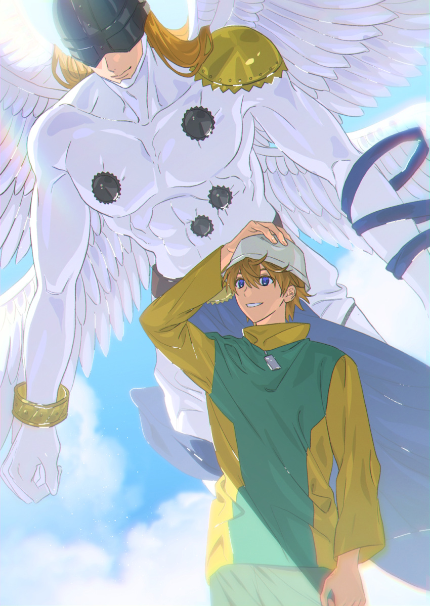 2boys angemon blue_eyes blue_sky bracelet brown_hair day digimon digimon_(creature) digimon_adventure_02 green_shirt grey_headwear hand_on_own_head hat highres jewelry long_sleeves male_focus multiple_boys ojing_oppa_(o_b_s_00) outdoors shirt sky standing takaishi_takeru two-tone_shirt yellow_shirt