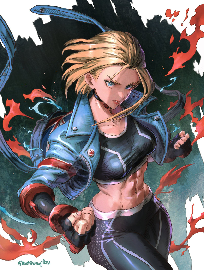 1girl abs blonde_hair blue_eyes cammy_white gloves highres jacket looking_at_viewer mitsu_plus muscular muscular_female scar scar_on_cheek scar_on_face short_hair solo stomach stomach_day street_fighter street_fighter_6 tank_top