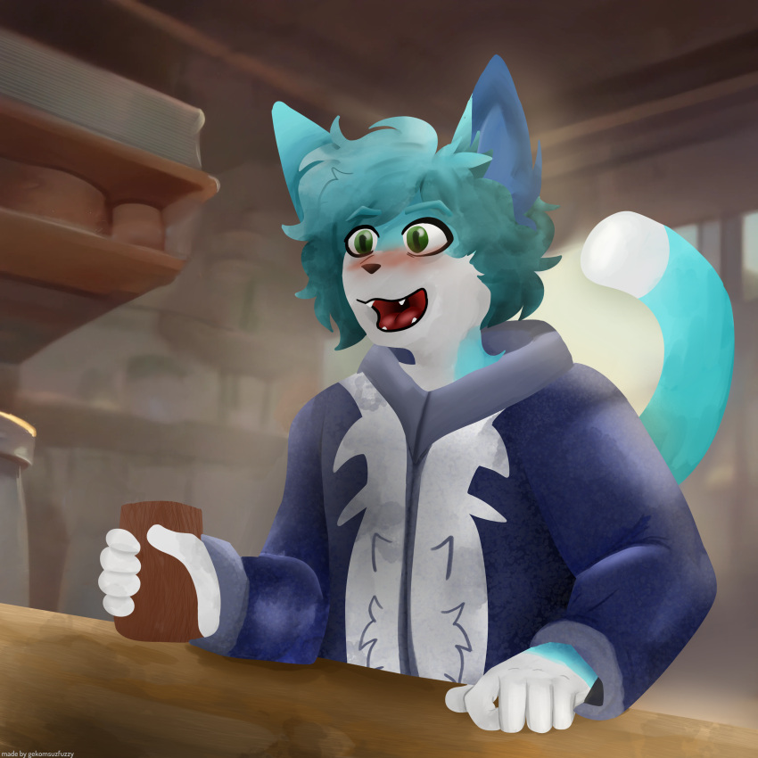 absurd_res anthro blue_body blue_fur blush clothed clothing digital_media_(artwork) drunk felid feline fur gekomsufuzzy green_eyes grey_body grey_fur hair hi_res holding_object magic_user male male/male mammal open_mouth smile solo store substance_intoxication