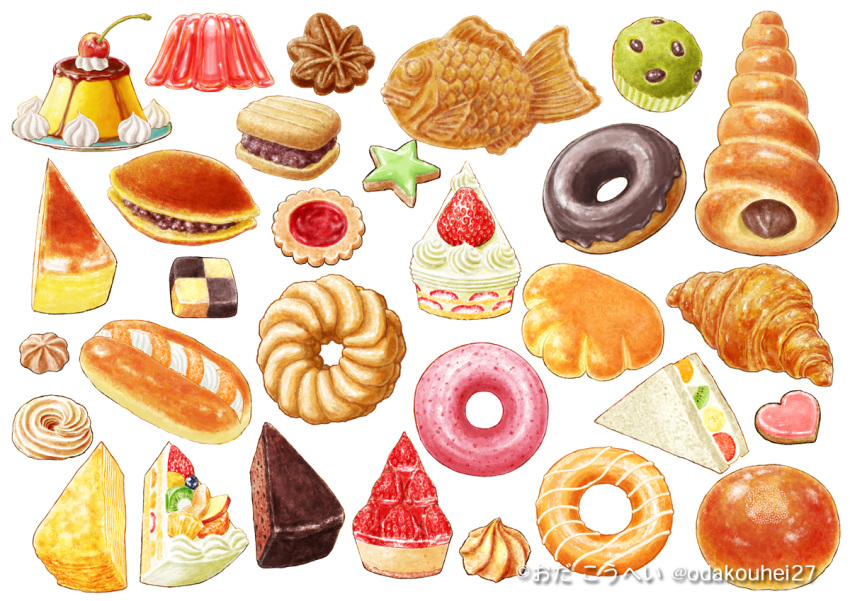 cake cherry cookie croissant doughnut food food_focus fruit gelatin heart-shaped_cookie kiwi_(fruit) kiwi_slice no_humans odakouhei27 original pudding star-shaped_cookie strawberry strawberry_shortcake whipped_cream