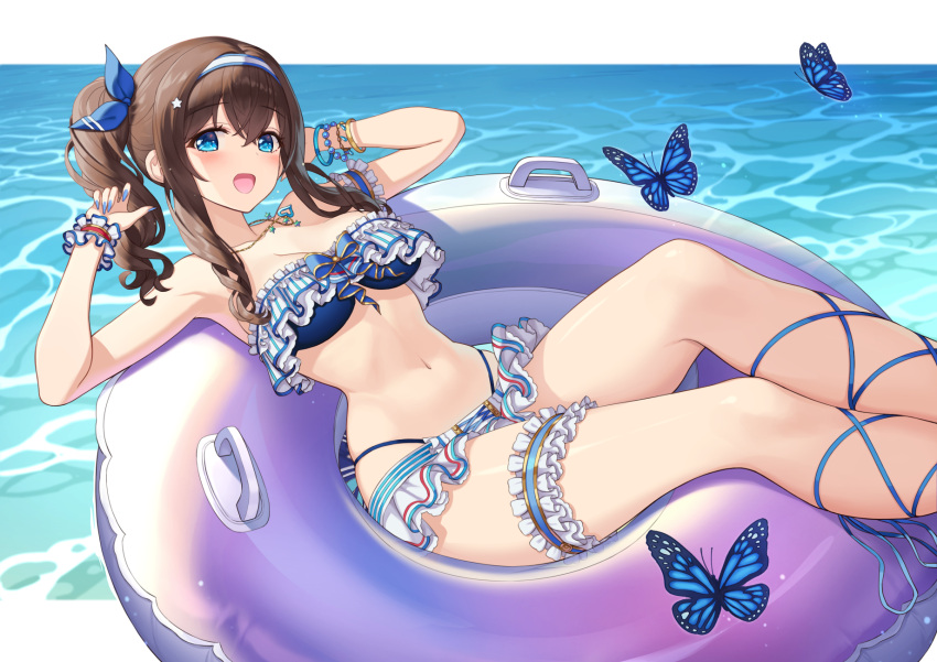 1girl arm_strap armband arms_behind_head bare_shoulders bikini black_hair blue_eyes blush breasts bug buoy butterfly frilled_armband frilled_bikini frills hair_between_eyes hair_ribbon hamahama highres idolmaster idolmaster_cinderella_girls idolmaster_cinderella_girls_starlight_stage jewelry long_hair looking_at_viewer medium_breasts navel necklace ocean open_mouth ribbon sagisawa_fumika smile solo swimsuit thigh_strap thighs thong thong_bikini