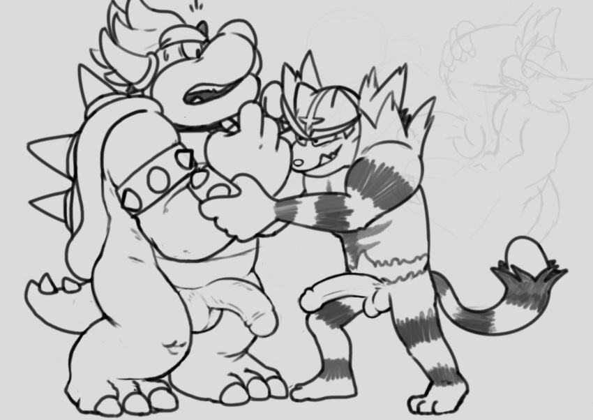 2019 3_toes 5_fingers anthro balls bowser bowserboy101 collar digital_media_(artwork) eye_contact eyebrows feet fingers generation_7_pokemon genitals grey_background grin hair horn humanoid_genitalia humanoid_penis incineroar koopa looking_at_another male mario_bros nintendo penis pokemon pokemon_(species) scalie shell simple_background smile spiked_collar spiked_shell spikes spikes_(anatomy) teeth thick_eyebrows toes