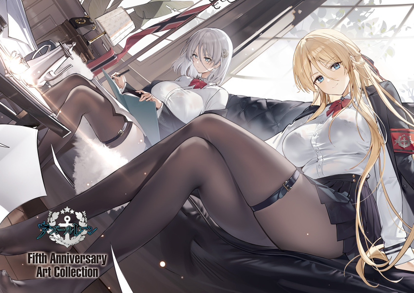 2girls arm_support azur_lane bismarck_(azur_lane) blonde_hair blue_eyes book breasts copyright_name couch cup day flag grey_hair highres holding indoors jacket jacket_on_shoulders kurumi_(recycllamo) large_breasts logo long_hair long_sleeves looking_at_viewer mechanical_pencil multiple_girls off_shoulder official_art open_book pantyhose pencil pleated_skirt ribbon shirt short_hair simple_background sitting skirt smile teacup teapot thigh_strap thighhighs tirpitz_(azur_lane) white_shirt window