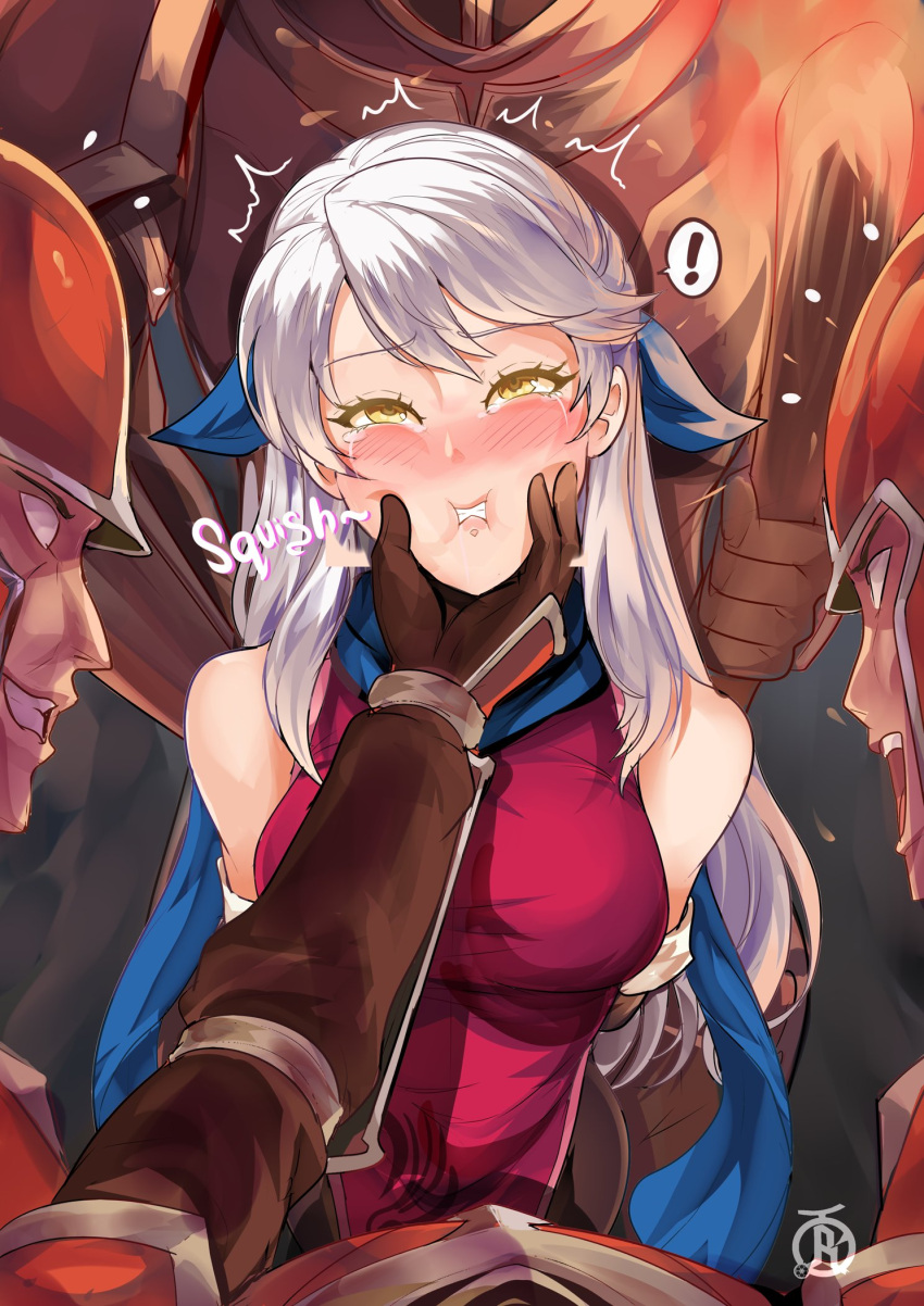 ! 1girl armor bare_shoulders blank_eyes blue_headwear blue_scarf breasts fire_emblem fire_emblem:_radiant_dawn grabbing_another's_chin grey_hair hand_on_another's_chin highres medium_breasts micaiah_(fire_emblem) multiple_boys revolverwing scarf solo_focus squishing yellow_eyes