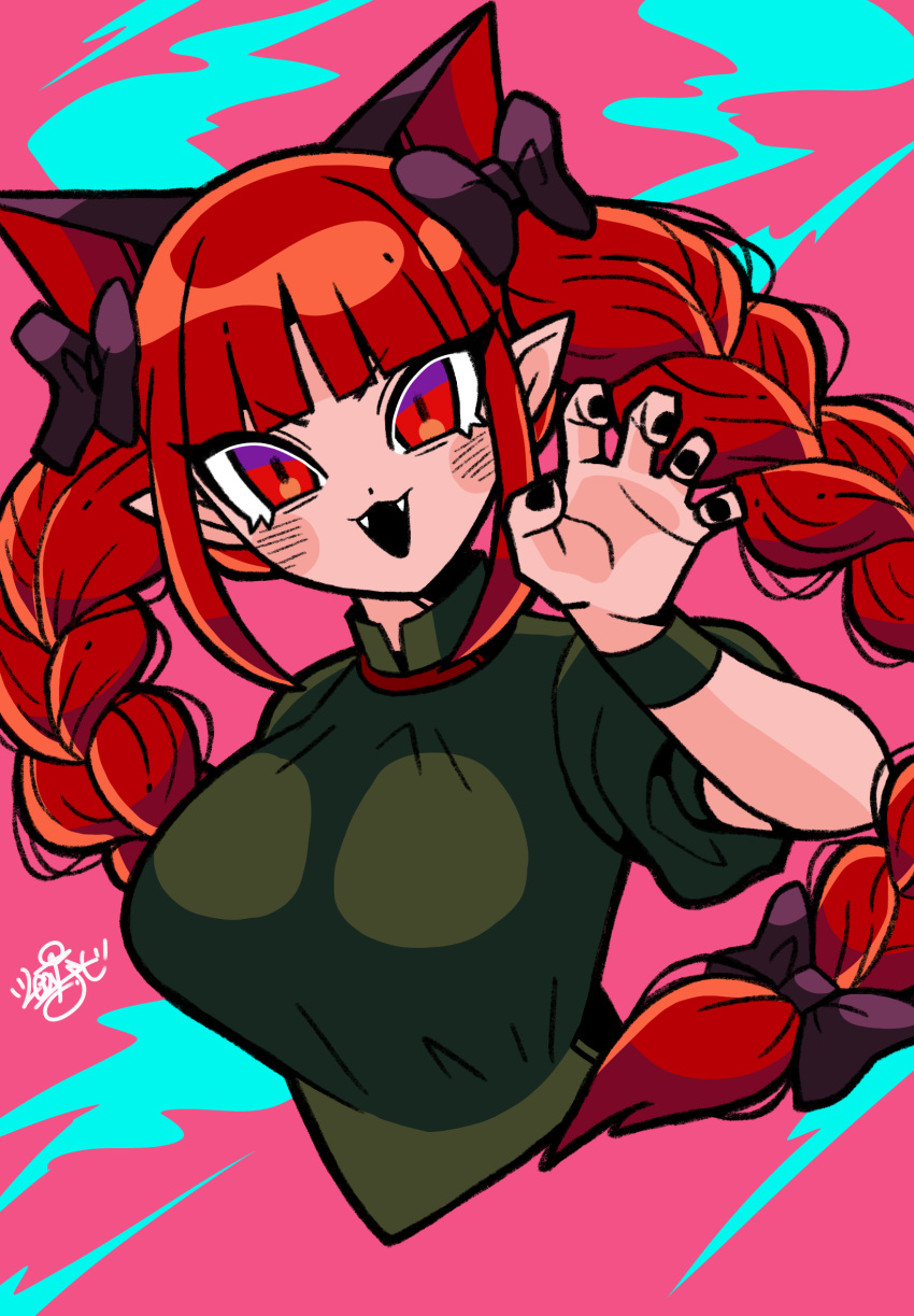 1girl :3 :d animal_ears black_bow black_nails blunt_bangs bow braid breasts cat_ears claw_pose commentary cropped_torso dress extra_ears fangs green_dress hair_bow hair_ribbon highres hitodama kaenbyou_rin large_breasts leaf_st long_hair looking_at_viewer nail_polish open_mouth pink_background pointy_ears red_eyes red_hair ribbon signature simple_background slit_pupils smile solo touhou tress_ribbon tsurime twin_braids upper_body v-shaped_eyebrows very_long_hair