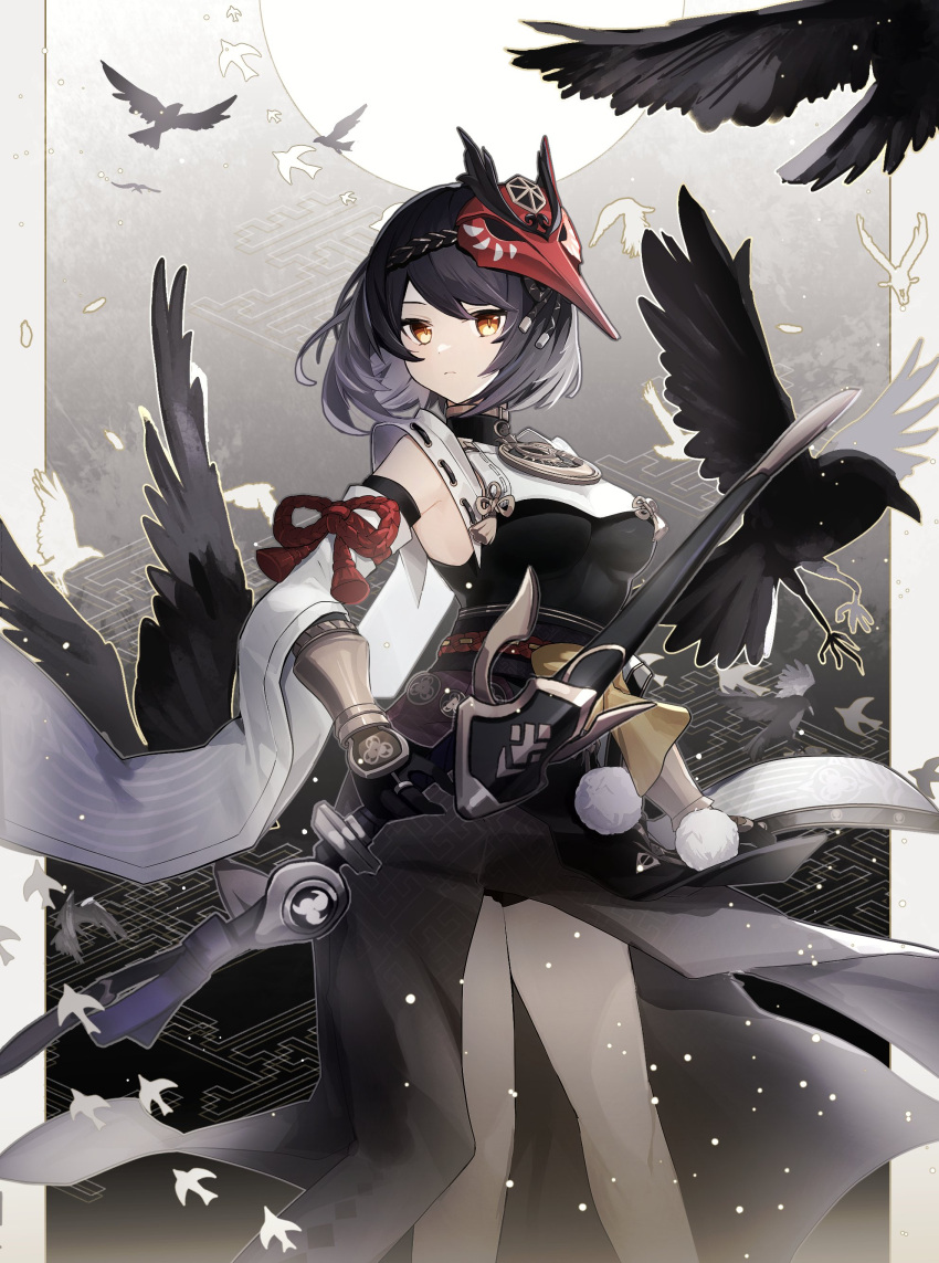 1girl absurdres bird black_dress black_gloves black_hair bow_(weapon) breasts crow detached_sleeves dress genshin_impact gloves highres holding holding_bow_(weapon) holding_weapon kujou_sara long_sleeves looking_at_viewer mask mask_on_head medium_breasts medium_hair merry-san parted_lips side_slit solo standing tengu_mask weapon wide_sleeves yellow_eyes