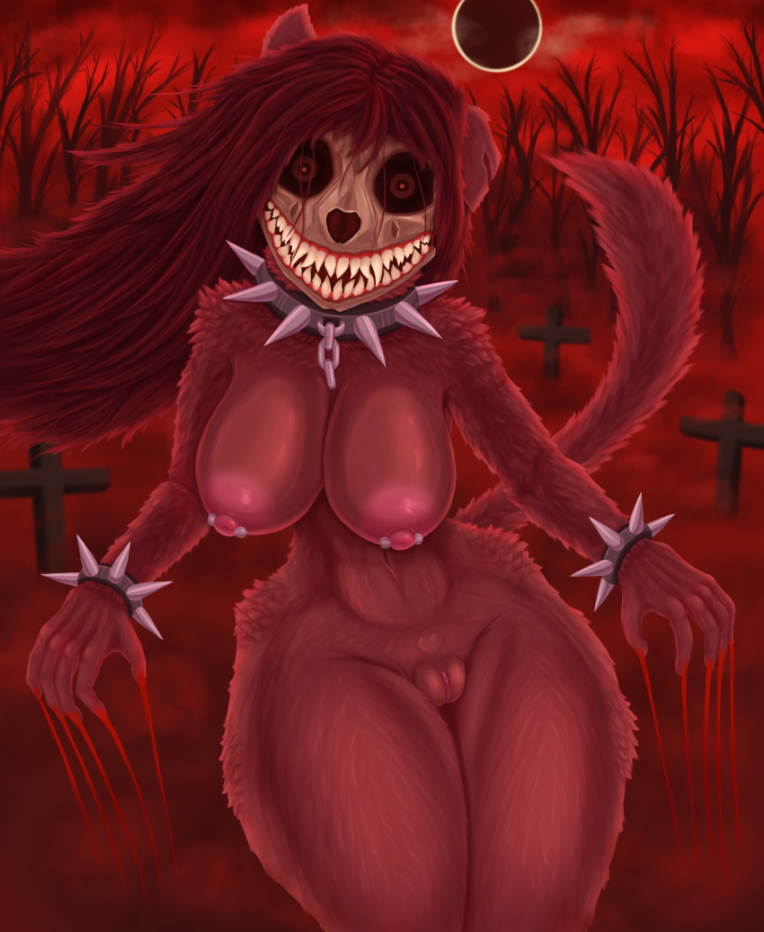 anthro areola big_breasts blood bodily_fluids bone breasts canid canine canis cemetery collar creepypasta demon eclipse female fog forest forest_background fur genitals gorillabulldozer hair hi_res long_hair looking_at_viewer mammal nature nature_background nipple_piercing nipples nude piercing plant pussy red_body red_eyes red_fur red_hair sharp_teeth skull smile smile.dog solo spiked_collar spikes tail teeth thick_thighs tree