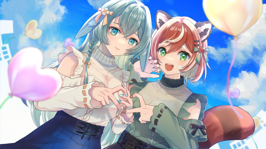 :d absurdres animal_ear_fluff animal_ears apple_hair_ornament balloon bead_necklace beads blue_eyes blue_skirt bow breasts claw_pose cleavage clothing_cutout cloud cloud9 commission depths_(vtuber) english_commentary food-themed_hair_ornament green_bow hair_between_eyes hair_bow hair_intakes hair_ornament hanamaru_nun. heart_balloon highres indie_virtual_youtuber jewelry khiren_(vtuber) long_hair looking_at_viewer medium_breasts necklace open_mouth parted_lips rabbit_ears red_panda_ears red_panda_girl red_panda_tail second-party_source see-through see-through_cleavage shirt shirt_tucked_in short_hair shoulder_cutout skeb_commission skirt sky smile v very_long_hair virtual_youtuber white_shirt